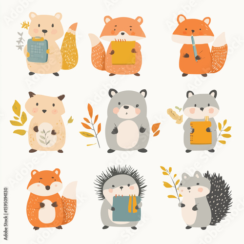 A cheerful scene with woodland animals carrying books, rulers and pencils, designed in a minimal childlike layout, ideal for classroom posters and children’s packaging