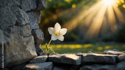 Blooming White Flower on Stone Wall with Sunlight Shining Through