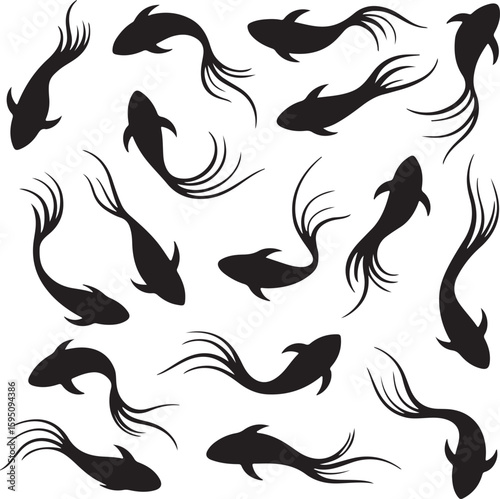 Collection of koi fish silhouettes swimming in various poses silhouette