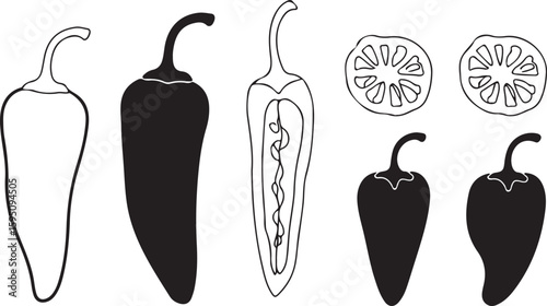Collection of chili peppers in silhouette and outline style