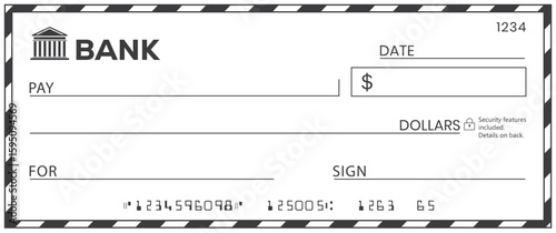 Bank check, vector blank money cheque, checkbook template with guilloche pattern and fields. Currency payment coupon, money check background