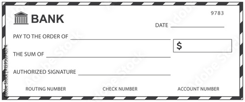 Bank check, vector blank money cheque, checkbook template with guilloche pattern and fields. Currency payment coupon, money check background
