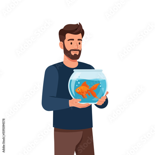 Bearded Man Holding Orange Goldfish Bowl with Water on White