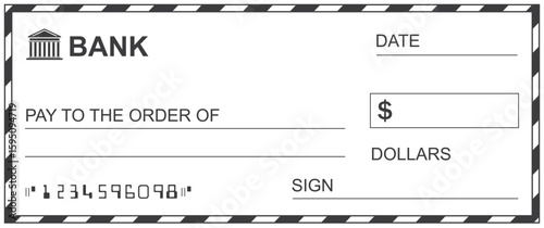 Bank check, vector blank money cheque, checkbook template with guilloche pattern and fields. Currency payment coupon, money check background