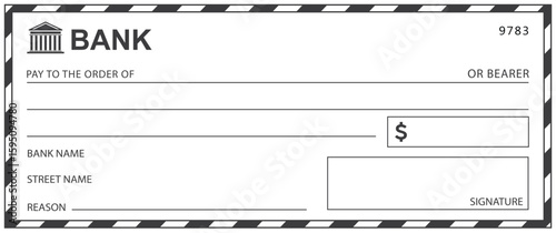Bank check, vector blank money cheque, checkbook template with guilloche pattern and fields. Currency payment coupon, money check background