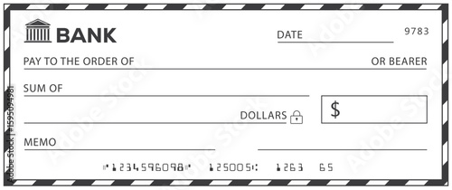 Bank check, vector blank money cheque, checkbook template with guilloche pattern and fields. Currency payment coupon, money check background