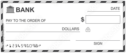 Bank check, vector blank money cheque, checkbook template with guilloche pattern and fields. Currency payment coupon, money check background