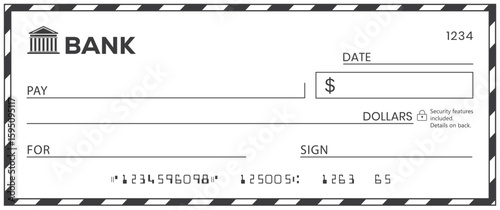 Bank check, vector blank money cheque, checkbook template with guilloche pattern and fields. Currency payment coupon, money check background