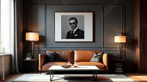  luxury living room with stylish sofa and black and white portrait on wall