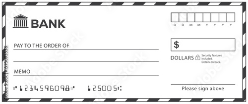 Bank check, vector blank money cheque, checkbook template with guilloche pattern and fields. Currency payment coupon, money check background
