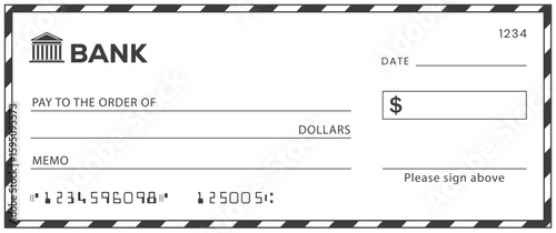 Bank check, vector blank money cheque, checkbook template with guilloche pattern and fields. Currency payment coupon, money check background