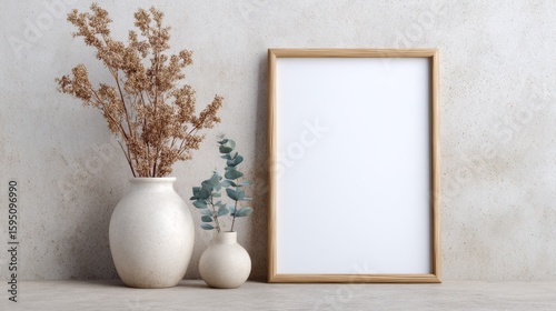 Minimalist Workspace Poster Frame Mockup, a clean and simple setting showcasing a 3D illustration of a poster frame template, designed for showcasing artwork or designs in free space.