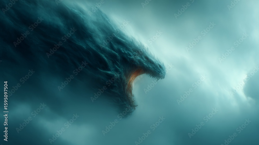Fototapeta premium Fury of the Storm, a powerful creature emerges from swirling dark clouds, embodying raw energy and chaos, set against a stark, minimalist backdrop that enhances its ferocity.