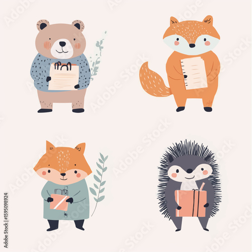 A cute set of forest animals carrying school supplies, including a bear, fox, hedgehog and squirrel drawn in childlike naive style, perfect for nursery prints, packaging and back to school
