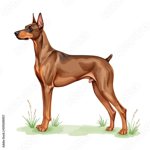 Doberman dog standing in a grassy field with alert posture  