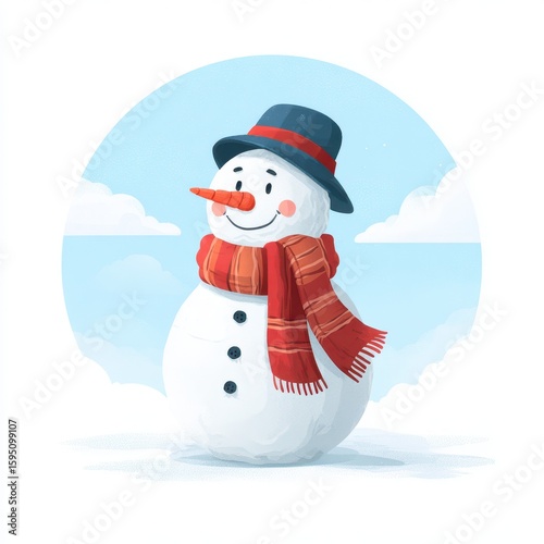 Snowman in winter landscape wearing a hat and scarf enjoying a sunny day with fluffy clouds