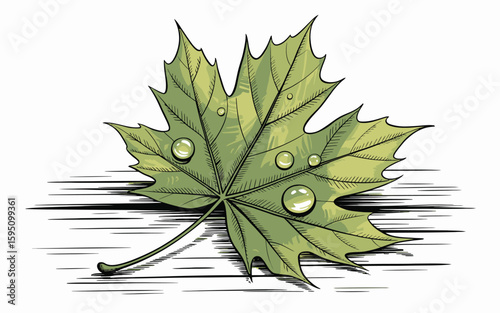 Green Maple Leaf with Water Droplets Illustration vector