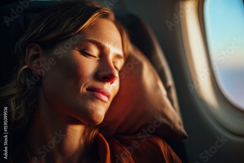 Beautiful woman sleeping in the plane during business trip . Jet lag concept .