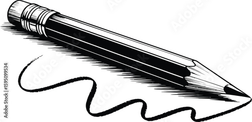 Black and white pencil drawing with eraser and scribbled line on white background