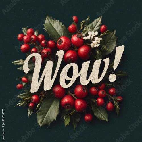 Festive arrangement featuring red berries, greenery, and a bold 'Wow!' message for seasonal celebrations
