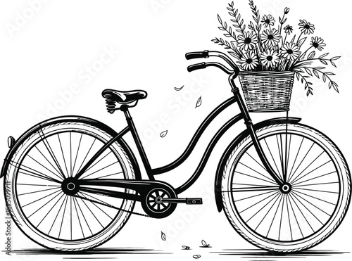 Black and White Bicycle with Basket of Flowers Illustration