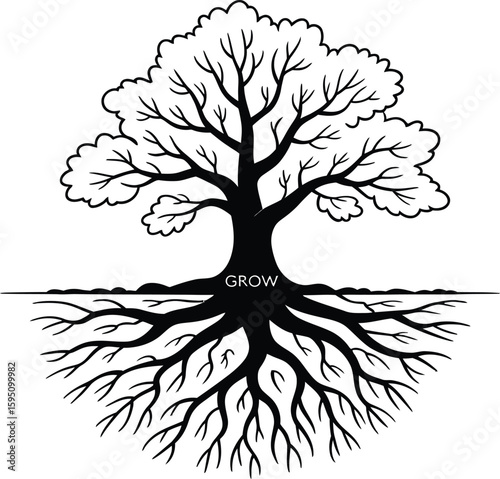 Black and White Tree Illustration with Roots and the Word G R O W