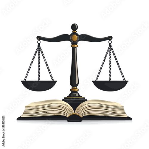 Conceptual justice depiction with balanced scales and an open book of jurisprudence