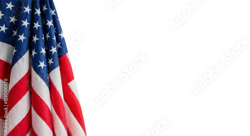 Vibrant american flag, red, white, and blue, draped and folded on the left with tactile fabric texture, casting a soft shadow on a transparent background with abundant copy space, concept of
