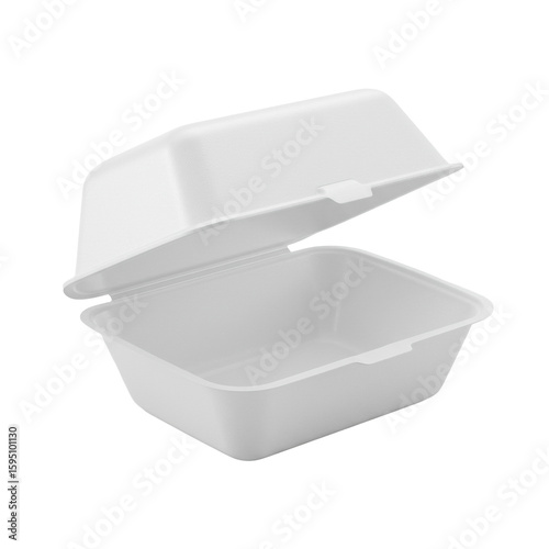 An empty, transparent styrofoam clamshell food container with lid propped open, isolated on a transparent background with shadowless studio light, high-angle view, commercial product presentation