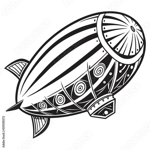 An ornate vintage airship in flight, detailed illustration