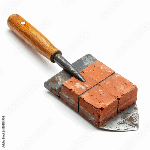 Construction craftsmanship still life featuring brick pieces and trowel on light backdrop