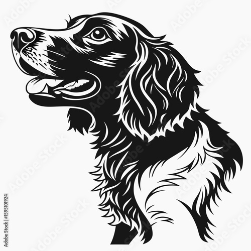 A black and white illustration of a happy dogs profile
