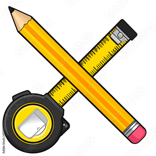 Construction Tools Icon: A Graphic Illustration of a Pencil and Measuring Tape Crossover