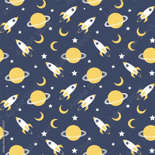 Space-themed seamless pattern with rockets, planets, stars, and moons