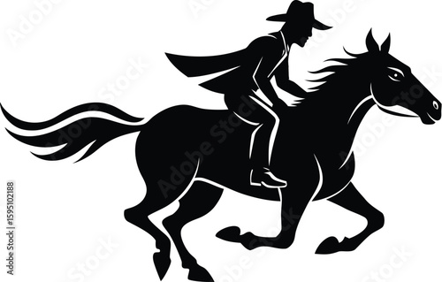 Cowboy horse silhouette, wild west rider vector, running horse illustration, western cowboy design