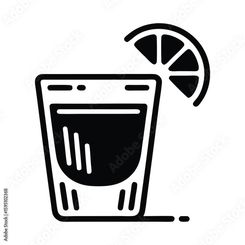 Tequila Shot Glass Icon with Lime, Monochrome Vector for Bar and Party Menus On White Background

