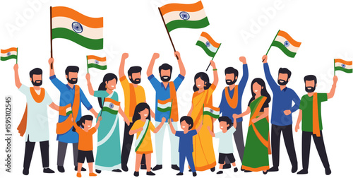 A hand proudly raises the Indian flag against a vibrant, sunburst background.
