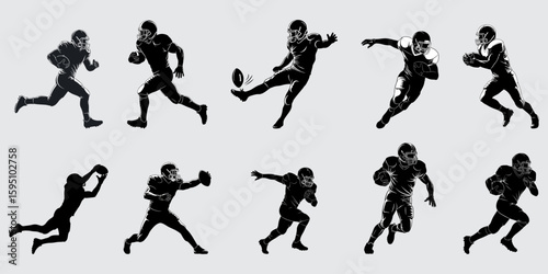 set of silhouettes of American soccer players in action