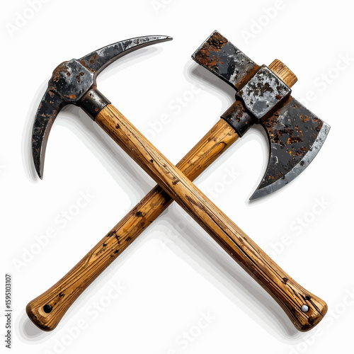 Crossed mining axe and hatchet displaying rustic charm and weathered texture for rugged appeal