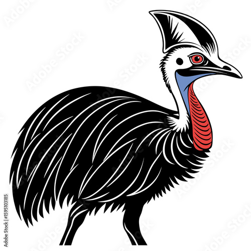 Stylized cassowary bird with red and blue neck
