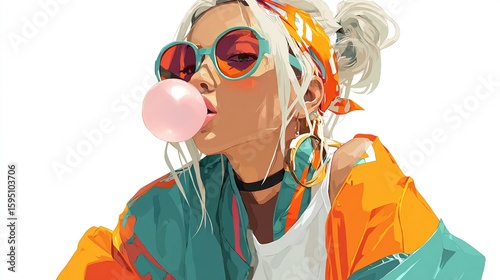A stylized portrait of a girl blowing a bubble gum, featuring vibrant colors and fashion