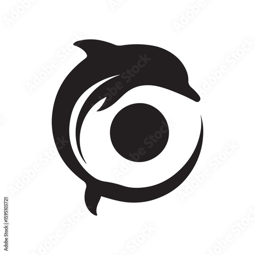 A black and white logo of a dolphin encircling a sphere with a crescent shape at the bottom edge