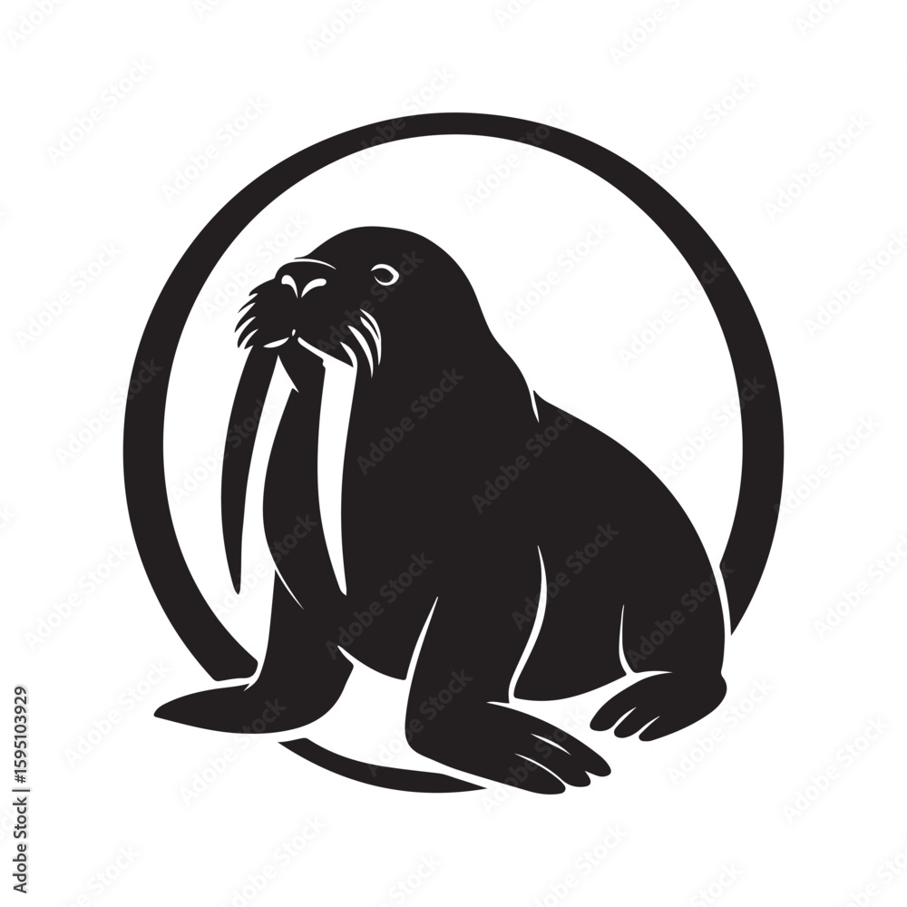 A black and white illustration of a walrus sitting inside of a circle on a white background A black and white illustration of a walrus sitting inside of a circle on a white background
