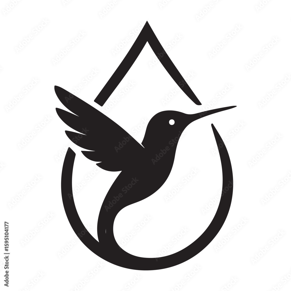 Obraz premium A black hummingbird silhouette flying inside a teardrop shape on a white background illustration