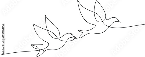Two Black Line Art Doves in Flight on White Background