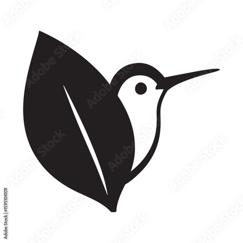 A graphic black and white logo of a bird with a long beak emerging from behind a leaf design element