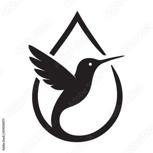A black hummingbird silhouette flying inside a teardrop shape on a white background illustration