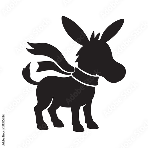 Silhouette of a donkey wearing a scarf with long ears and a short tail on a white background