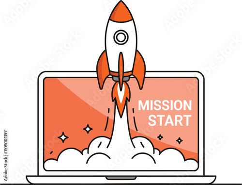 Rocket Launching from Laptop Screen with Mission Start Text
