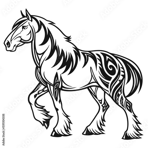 Artistic black and white depiction of a horse with tribal patterns